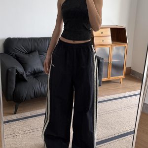 American Retro Wide-Leg Casual Pants for Women - Summer 2025 Loose Fit Side Stripe Quick-Dry Sports Trousers
