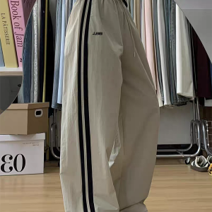 American Retro Wide-Leg Casual Pants for Women - Summer 2025 Loose Fit Side Stripe Quick-Dry Sports Trousers