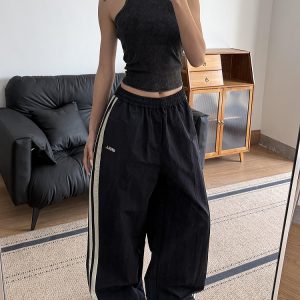 American Retro Wide-Leg Casual Pants for Women - Summer 2025 Loose Fit Side Stripe Quick-Dry Sports Trousers
