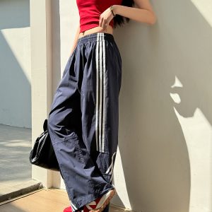 American Retro Wide-Leg Workwear Pants for Women - Light Fabric Dark Blue Casual Slimming Long Pants for Spring and Summer