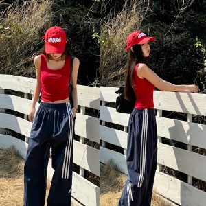 American Retro Wide-Leg Workwear Pants for Women - Light Fabric Dark Blue Casual Slimming Long Pants for Spring and Summer