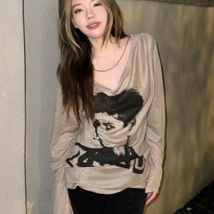 American Street Style Long Sleeve Women's Summer Portrait Print Sun Protection Loose T-Shirt Top for Hot Girls