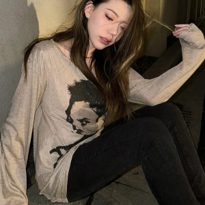 American Street Style Long Sleeve Women's Summer Portrait Print Sun Protection Loose T-Shirt Top for Hot Girls