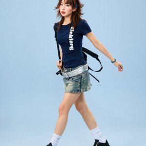 American-Style Flocked Embroidered Spicy Girl Short Sleeve Cropped T-Shirt for Women - Summer Slim Fit Casual Top