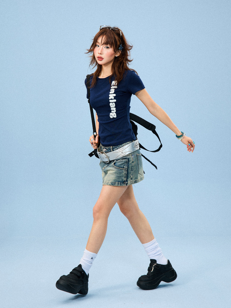 American-Style Flocked Embroidered Spicy Girl Short Sleeve Cropped T-Shirt for Women - Summer Slim Fit Casual Top American-Style Flocked Embroidered Spicy Girl Short Sleeve Cropped T-Shirt for Women - Summer Slim Fit Casual Top