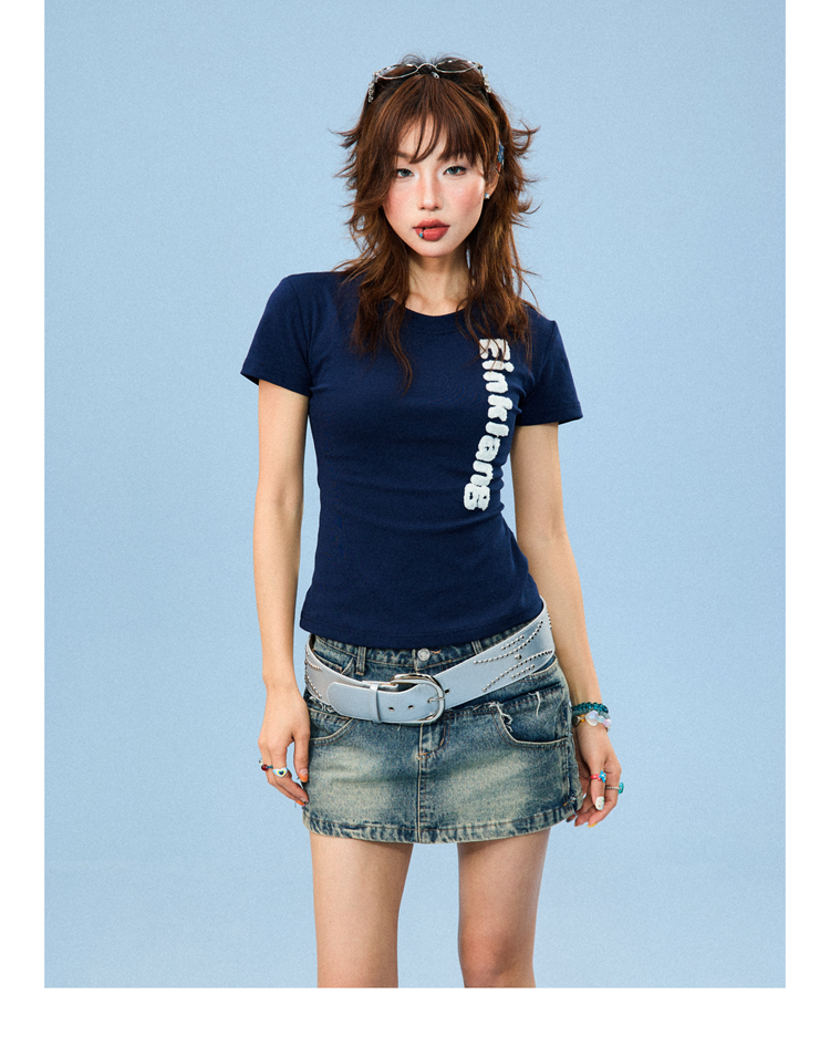 American-Style Flocked Embroidered Spicy Girl Short Sleeve Cropped T-Shirt for Women - Summer Slim Fit Casual Top American-Style Flocked Embroidered Spicy Girl Short Sleeve Cropped T-Shirt for Women - Summer Slim Fit Casual Top