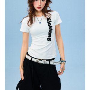 American-Style Flocked Embroidered Spicy Girl Short Sleeve Cropped T-Shirt for Women - Summer Slim Fit Casual Top