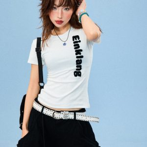 American-Style Flocked Embroidered Spicy Girl Short Sleeve Cropped T-Shirt for Women - Summer Slim Fit Casual Top