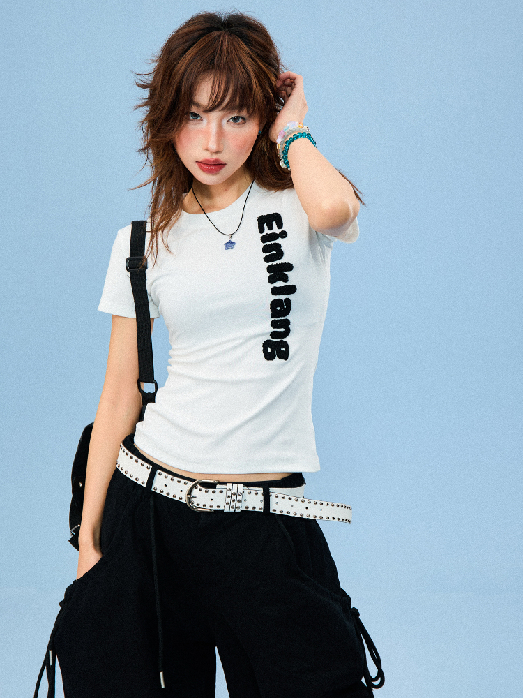 American-Style Flocked Embroidered Spicy Girl Short Sleeve Cropped T-Shirt for Women - Summer Slim Fit Casual Top American-Style Flocked Embroidered Spicy Girl Short Sleeve Cropped T-Shirt for Women - Summer Slim Fit Casual Top