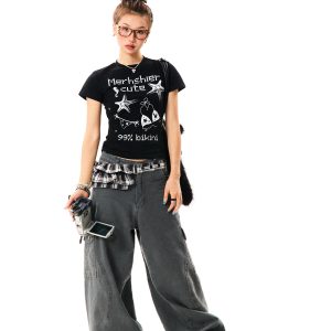 American Style Fun Pixel Print Short Sleeve T-Shirt for Women - Summer Slim Fit Cropped Top, Trendy Y2K Fashion