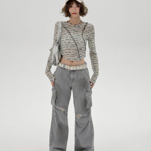 American-Style Long-Sleeve Cropped T-Shirt for Women - Sweet Cool Letter Print, Spicy Girl Fashion, 2024 Trendy Look