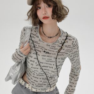 American-Style Long-Sleeve Cropped T-Shirt for Women - Sweet Cool Letter Print, Spicy Girl Fashion, 2024 Trendy Look