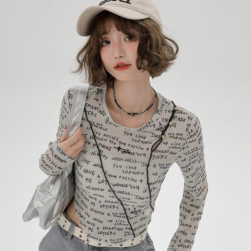 American-Style Long-Sleeve Cropped T-Shirt for Women - Sweet Cool Letter Print, Spicy Girl Fashion, 2024 Trendy Look