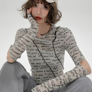 American-Style Long-Sleeve Cropped T-Shirt for Women - Sweet Cool Letter Print, Spicy Girl Fashion, 2024 Trendy Look