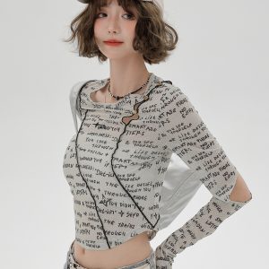 American-Style Long-Sleeve Cropped T-Shirt for Women - Sweet Cool Letter Print, Spicy Girl Fashion, 2024 Trendy Look