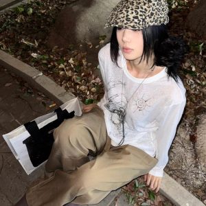 American Style Long Sleeve T-Shirt for Women, Summer Shell Print, Sheer Sun Protection Cover-Up, Loose Fit, Trendy Couple's Top