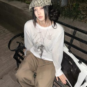 American Style Long Sleeve T-Shirt for Women, Summer Shell Print, Sheer Sun Protection Cover-Up, Loose Fit, Trendy Couple's Top