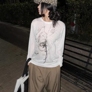 American Style Long Sleeve T-Shirt for Women, Summer Shell Print, Sheer Sun Protection Cover-Up, Loose Fit, Trendy Couple's Top