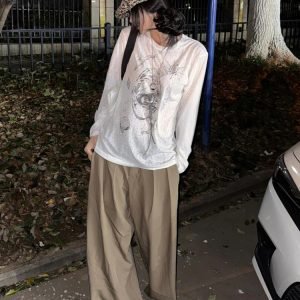 American Style Long Sleeve T-Shirt for Women, Summer Shell Print, Sheer Sun Protection Cover-Up, Loose Fit, Trendy Couple's Top