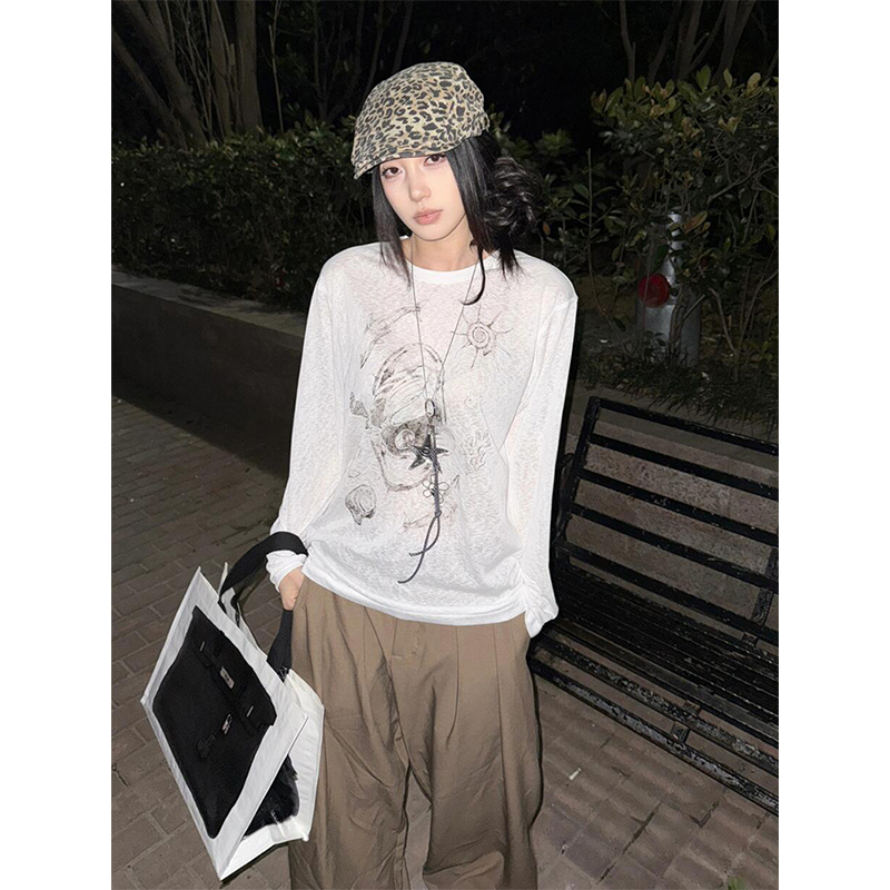 American Style Long Sleeve T-Shirt for Women, Summer Shell Print, Sheer Sun Protection Cover-Up, Loose Fit, Trendy Couple's Top