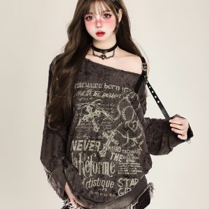 American Style Off-Shoulder T-Shirt for Women - Spicy Girl Spring Long Sleeve Top with Sun Protection and Loose Fit