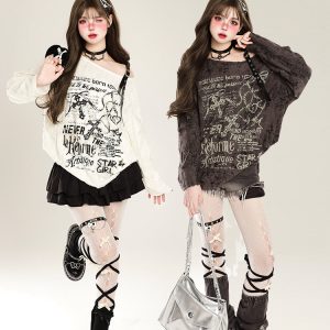 American Style Off-Shoulder T-Shirt for Women - Spicy Girl Spring Long Sleeve Top with Sun Protection and Loose Fit