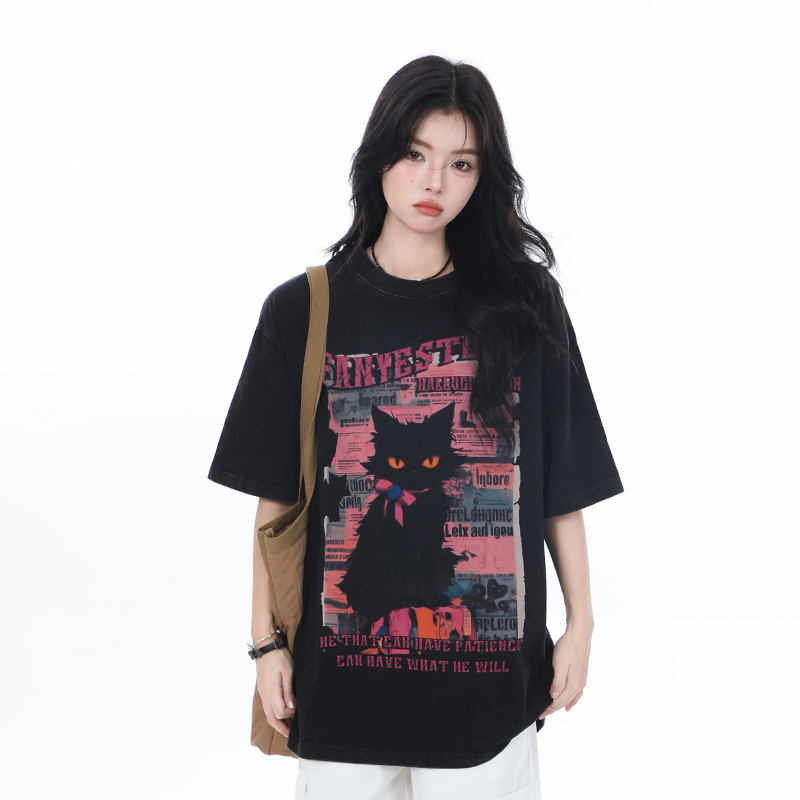 American-Style Oversized Heavy-Duty Washed Short Sleeve T-Shirt for Women - Summer Pure Cotton Loose Fit Trendy Top