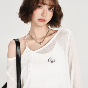American-Style Oversized Round Neck Sheer Pullover Top for Women - Embroidered Spicy Girl Summer Fashion