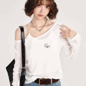 American-Style Oversized Round Neck Sheer Pullover Top for Women - Embroidered Spicy Girl Summer Fashion