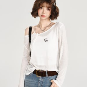 American-Style Oversized Round Neck Sheer Pullover Top for Women - Embroidered Spicy Girl Summer Fashion