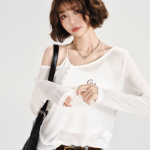 American-Style Oversized Round Neck Sheer Pullover Top for Women - Embroidered Spicy Girl Summer Fashion