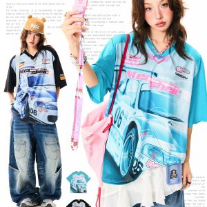 American-Style Racing Graphic V-Neck Short Sleeve T-Shirt for Women - Summer Mesh Breathable Loose Fit Jersey Top