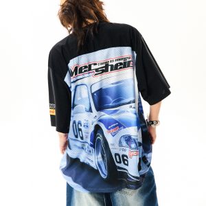 American-Style Racing Graphic V-Neck Short Sleeve T-Shirt for Women - Summer Mesh Breathable Loose Fit Jersey Top