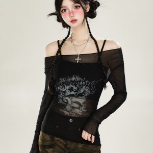 American-Style Red Off-Shoulder Mesh Cover-Up Two-Piece Set for Women - Sweet & Spicy Spring/Summer Sun Protection Long Sleeve Top