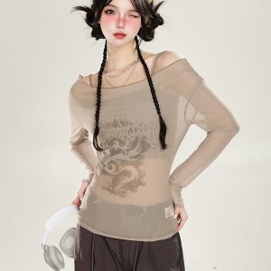 American-Style Red Off-Shoulder Mesh Cover-Up Two-Piece Set for Women - Sweet & Spicy Spring/Summer Sun Protection Long Sleeve Top