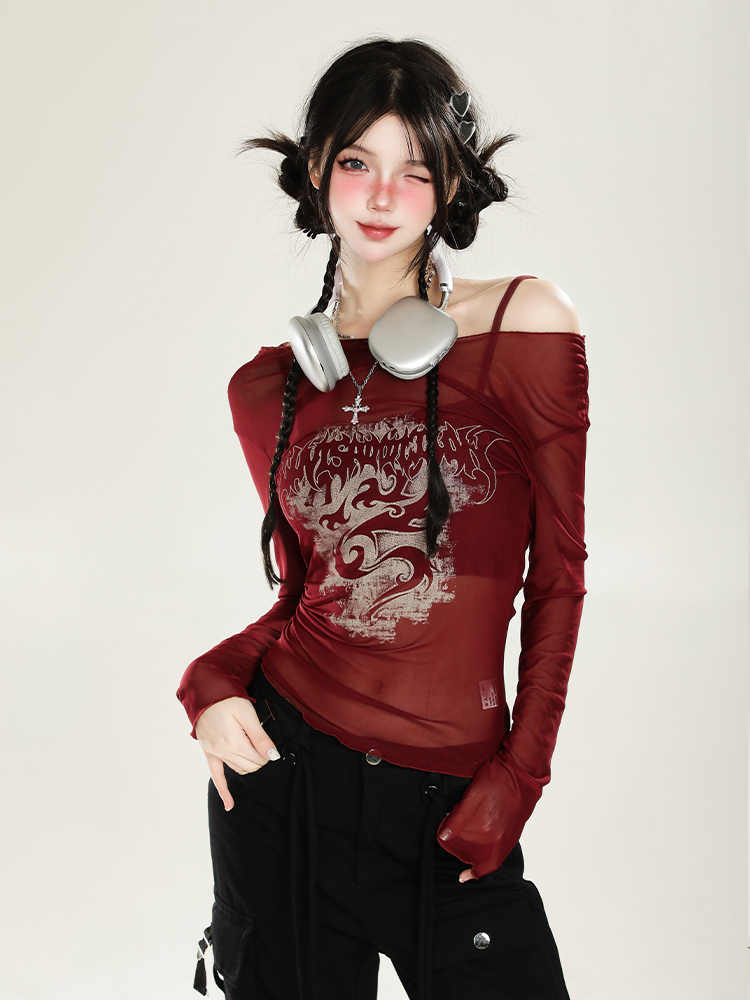 American-Style Red Off-Shoulder Mesh Cover-Up Two-Piece Set for Women - Sweet & Spicy Spring/Summer Sun Protection Long Sleeve Top American-Style Red Off-Shoulder Mesh Cover-Up Two-Piece Set for Women - Sweet & Spicy Spring/Summer Sun Protection Long Sleeve Top