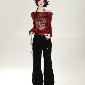 American-Style Red Off-Shoulder Mesh Cover-Up Two-Piece Set for Women - Sweet & Spicy Spring/Summer Sun Protection Long Sleeve Top