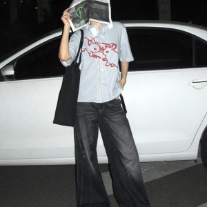 American Style Short Sleeve Rabbit Print Striped Shirt Jacket for Women - Summer Casual Couple Top, Trendy Niche Fashion