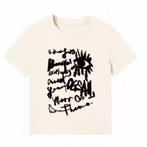 American Style Slim-Fit Short T-Shirt for Women - Summer Graffiti Print, Stretchy, Flattering Shoulder Top