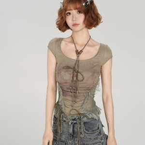American Style Spicy Girl Heavy Lace Splicing Short Sleeve T-Shirt for Women - Summer Slim Fit Top in Trendy Y2K Fashion