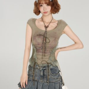 American Style Spicy Girl Heavy Lace Splicing Short Sleeve T-Shirt for Women - Summer Slim Fit Top in Trendy Y2K Fashion