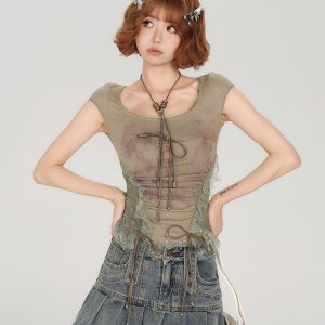 American Style Spicy Girl Heavy Lace Splicing Short Sleeve T-Shirt for Women - Summer Slim Fit Top in Trendy Y2K Fashion