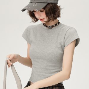 American-Style Spicy Girl Short Sleeve T-Shirt for Women - Summer Basic Round Neck Slim Fit Solid Color Top