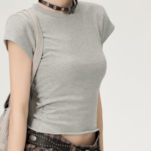 American-Style Spicy Girl Short Sleeve T-Shirt for Women - Summer Basic Round Neck Slim Fit Solid Color Top