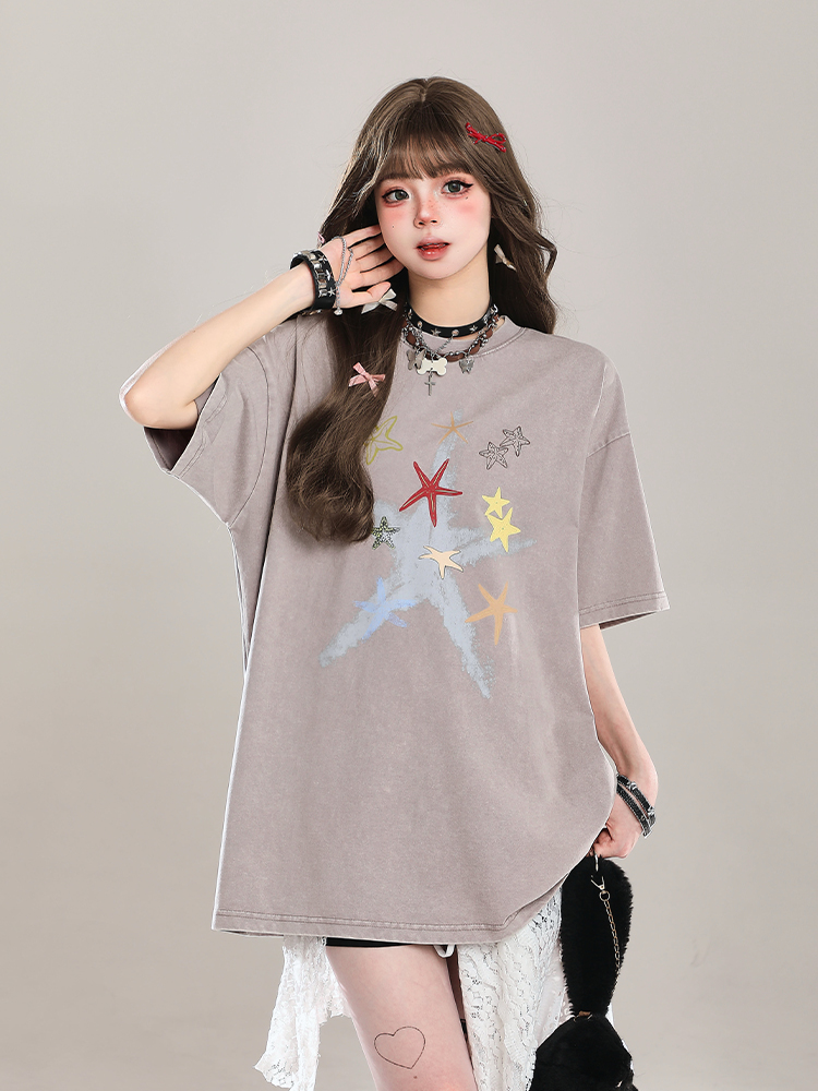 American Style Star Short-Sleeve T-Shirt for Girls - Unique Summer Casual Loose Fit Half-Sleeve Top American Style Star Short-Sleeve T-Shirt for Girls - Unique Summer Casual Loose Fit Half-Sleeve Top