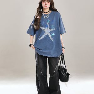American Style Star Short-Sleeve T-Shirt for Girls - Unique Summer Casual Loose Fit Half-Sleeve Top