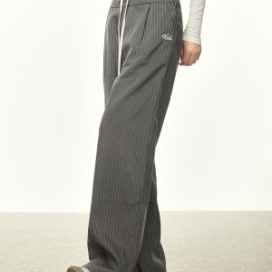 American-Style Striped Faux Two-Piece Suit Pants for Women - Loose Wide-Leg Casual Trousers for Spring and Autumn Fashion