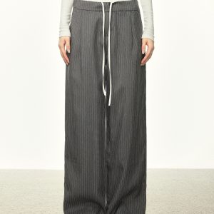American-Style Striped Faux Two-Piece Suit Pants for Women - Loose Wide-Leg Casual Trousers for Spring and Autumn Fashion