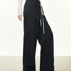 American-Style Striped Faux Two-Piece Suit Pants for Women - Loose Wide-Leg Casual Trousers for Spring and Autumn Fashion