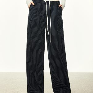 American-Style Striped Faux Two-Piece Suit Pants for Women - Loose Wide-Leg Casual Trousers for Spring and Autumn Fashion